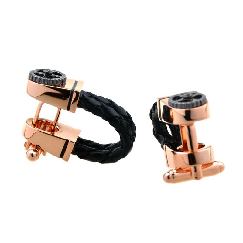 Men's 1 Pair Rose Gold Gear Braided Leather Cufflinks - Black - image 0