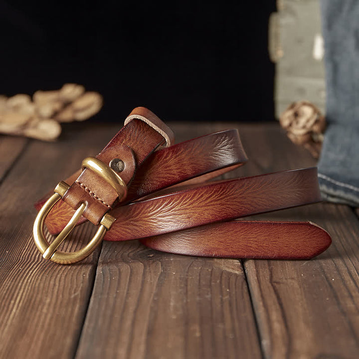 Women's Handmade Narrow Brass Buckle Genuine Leather Belt