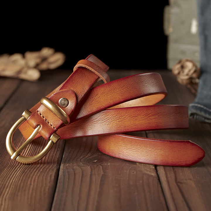Women's Handmade Narrow Brass Buckle Genuine Leather Belt