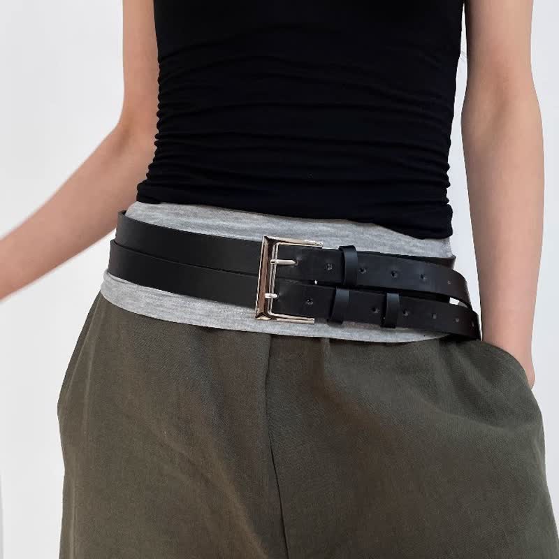 Women's Novel Double Prong Dual Strap Black Leather Belt