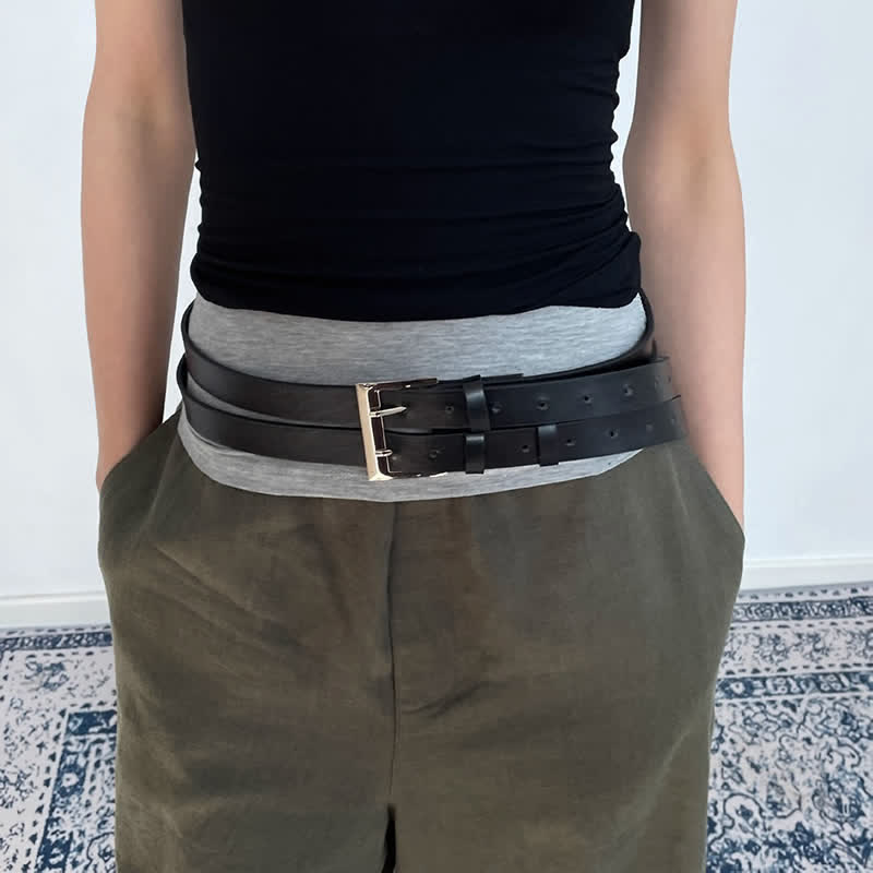 Women's Novel Double Prong Dual Strap Black Leather Belt