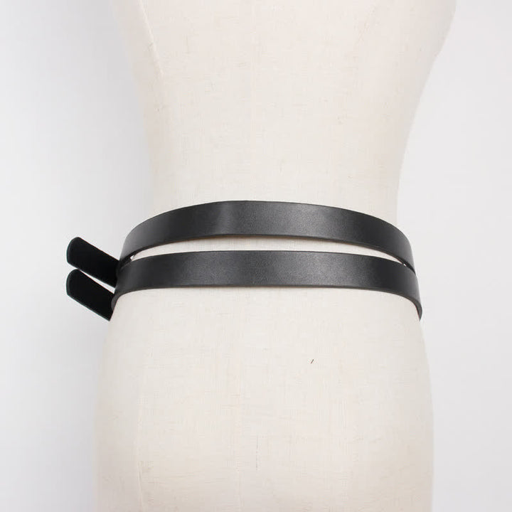 Women's Novel Double Prong Dual Strap Black Leather Belt
