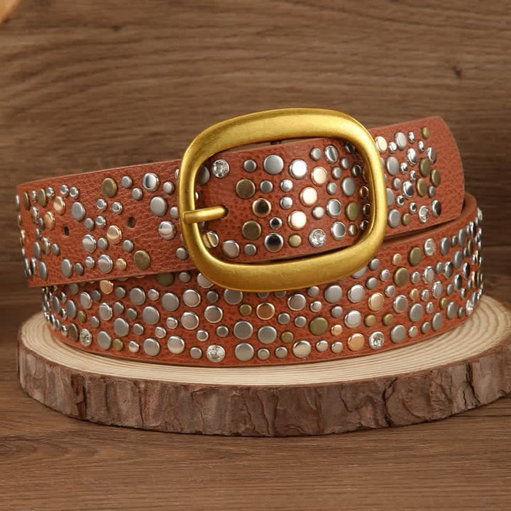 Brown Silver Punk Asymmetric Round Rivets Leather Belt