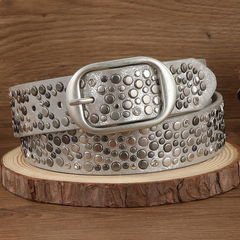 Brown Silver Punk Asymmetric Round Rivets Leather Belt