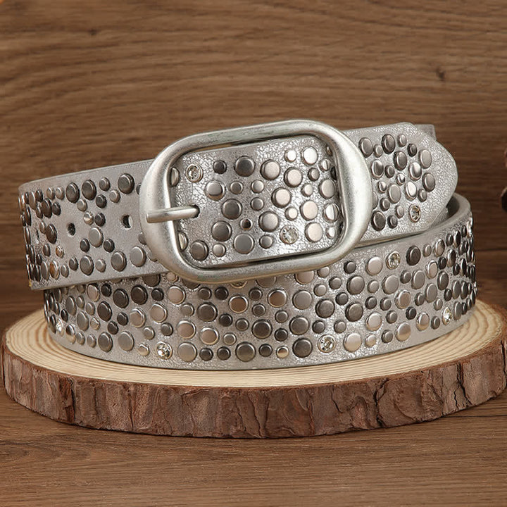 Brown Silver Punk Asymmetric Round Rivets Leather Belt
