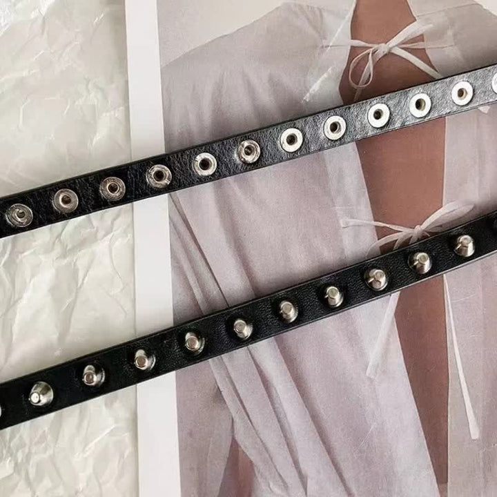 Women's Black Extra Long Double Layer Casual Punk Rivet Leather Belt