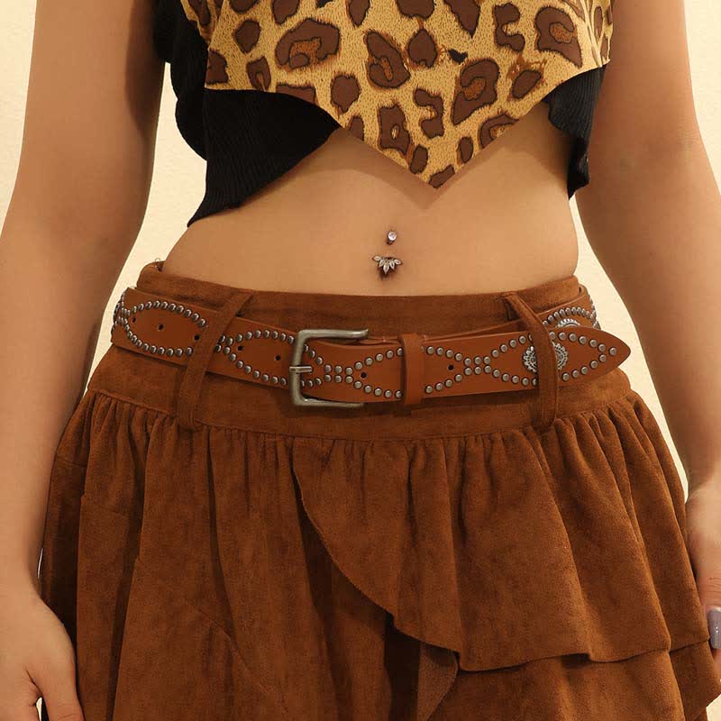 Women's Western Style Antique Silver Rivet Accents Leather Belt