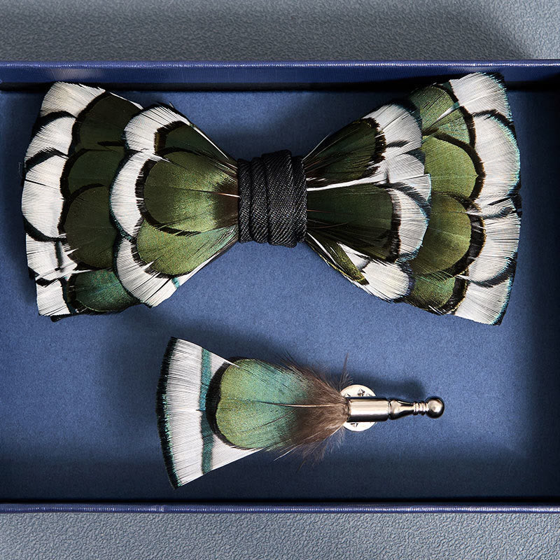 DarkGreen & White Layered Feather Bow Tie with Lapel Pin - image 3