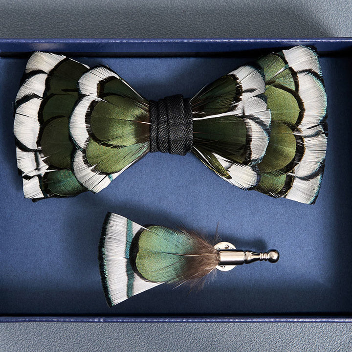 DarkGreen & White Layered Feather Bow Tie with Lapel Pin - image 3