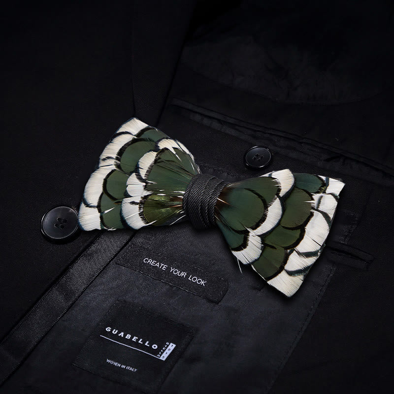 DarkGreen & White Layered Feather Bow Tie with Lapel Pin - image 2