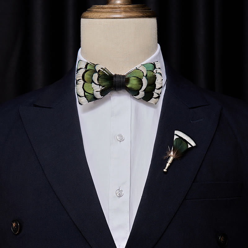 DarkGreen & White Layered Feather Bow Tie with Lapel Pin - image 1