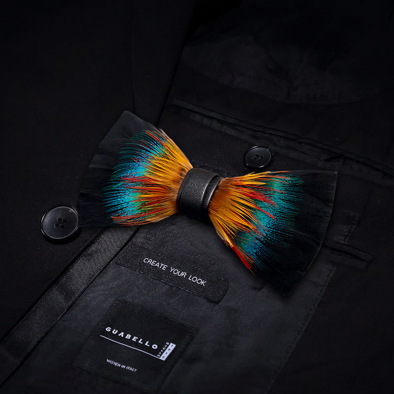 Kid's Black & Multicolored Blossom Feather Bow Tie with Lapel Pin - image 2