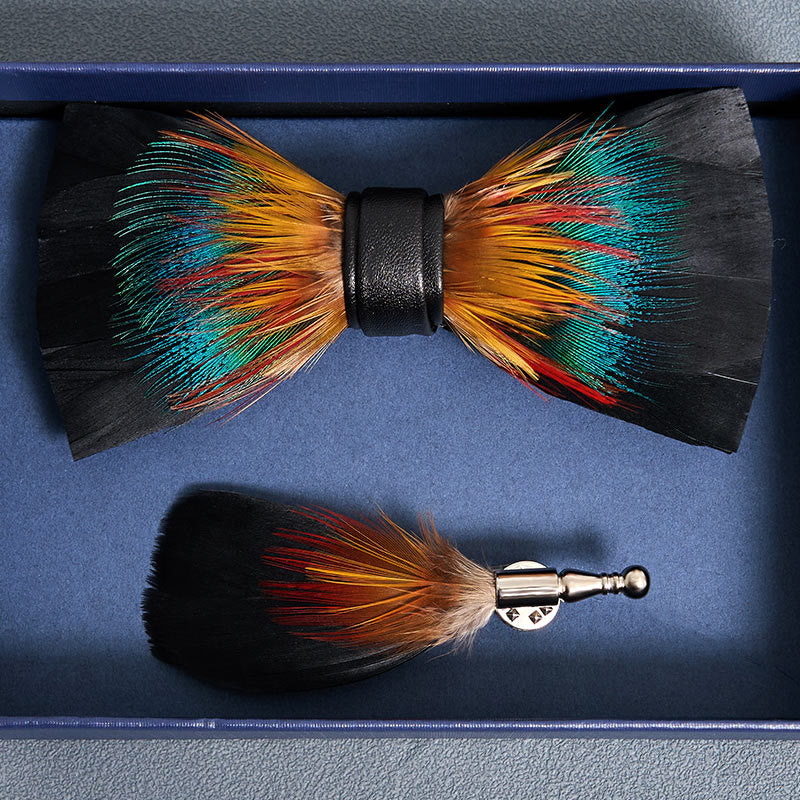 Kid's Black & Multicolored Blossom Feather Bow Tie with Lapel Pin