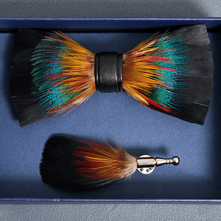 Kid's Black & Multicolored Blossom Feather Bow Tie with Lapel Pin