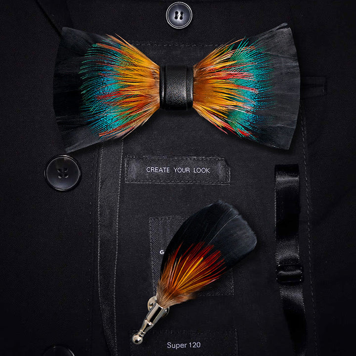 Kid's Black & Multicolored Blossom Feather Bow Tie with Lapel Pin