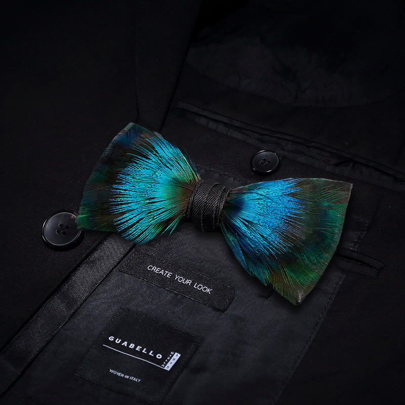 Aurora Blue & Green Feather Bow Tie with Lapel Pin