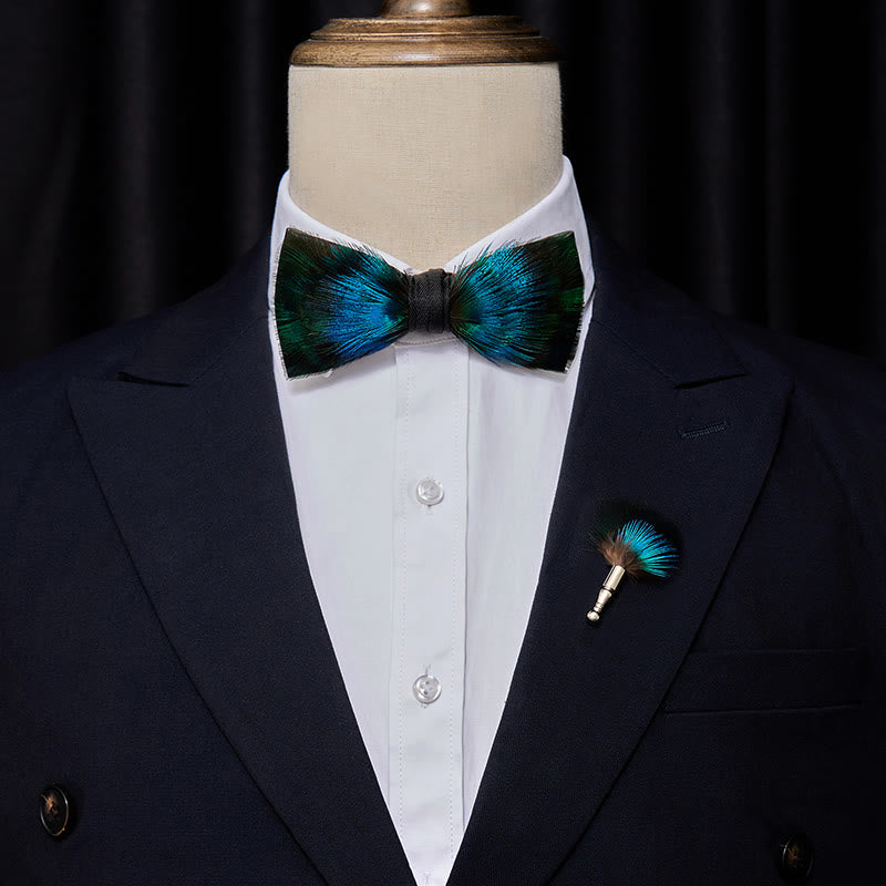 Kid's Aurora Blue & Green Feather Bow Tie with Lapel Pin - image 2
