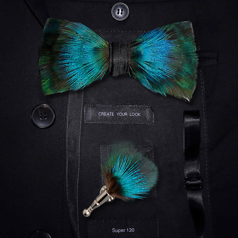 Kid's Aurora Blue & Green Feather Bow Tie with Lapel Pin - Adult - image 1