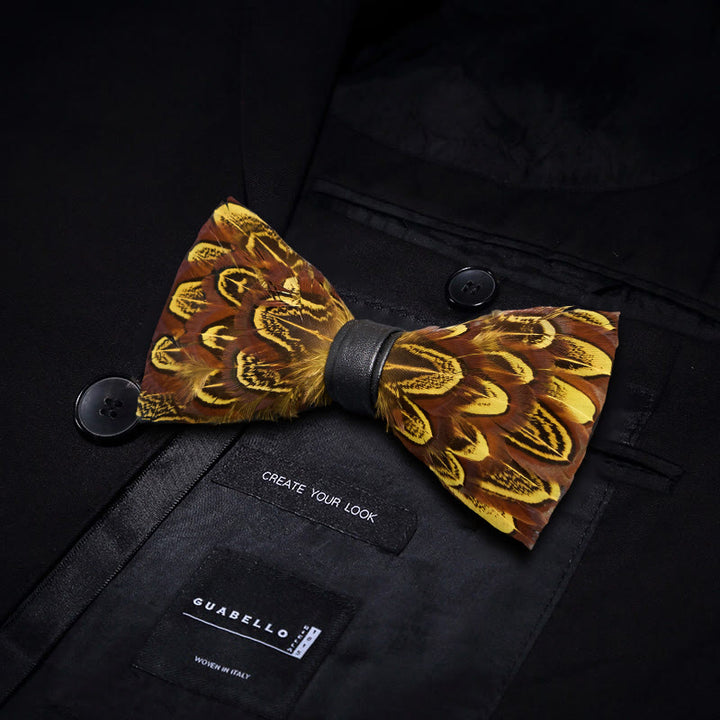 Yellow & Umber Pheasant Feather Bow Tie with Lapel Pin