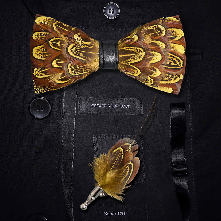 Yellow & Umber Pheasant Feather Bow Tie with Lapel Pin