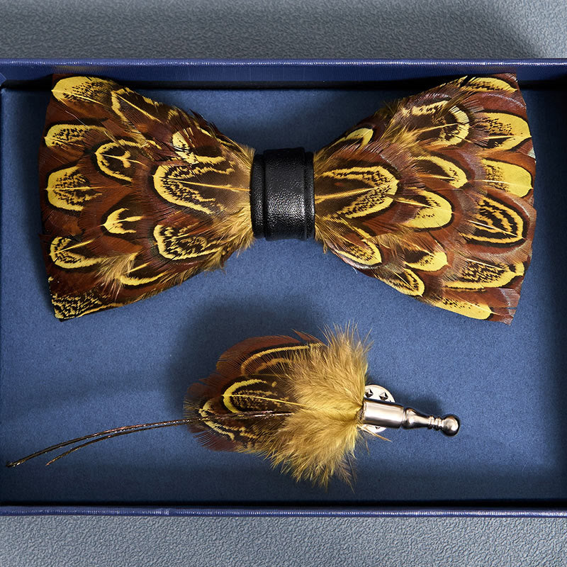 Yellow & Umber Pheasant Feather Bow Tie with Lapel Pin