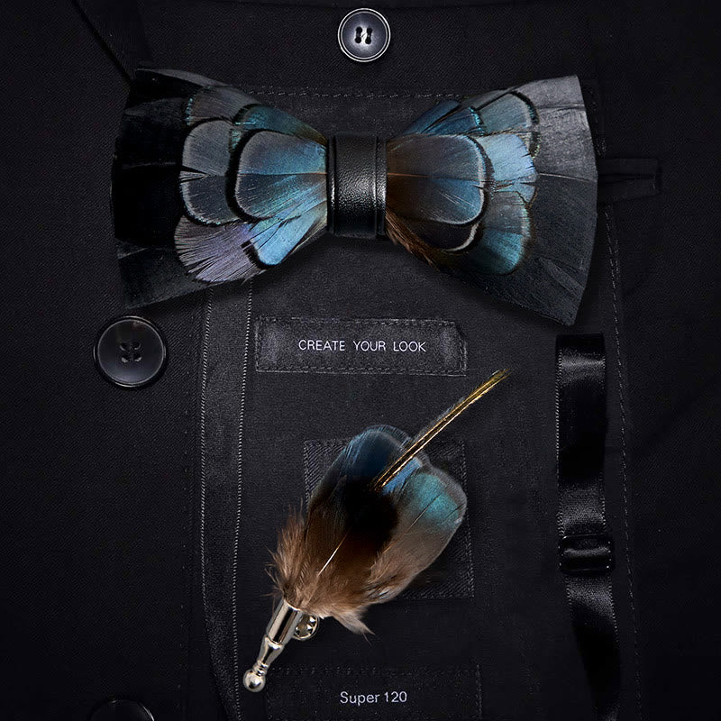 Kid's MidnightBlue Mysterious Feather Bow Tie with Lapel Pin - Adult - image 1
