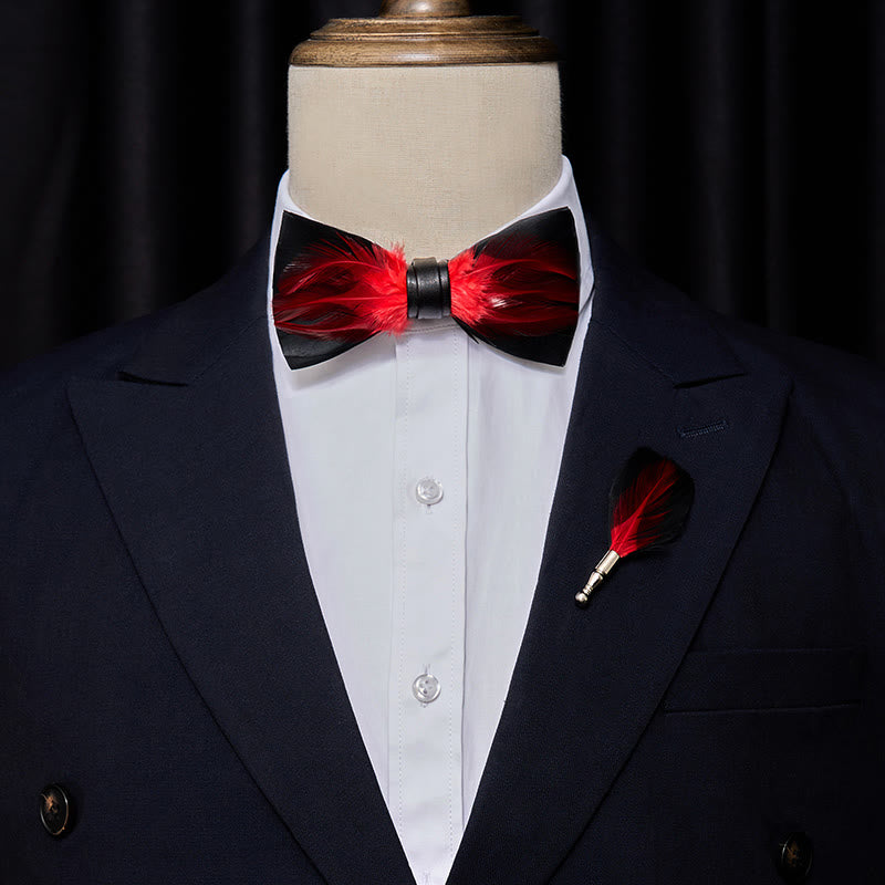 Red White Burgundy Pre-tied Feather Bow Tie - image 1