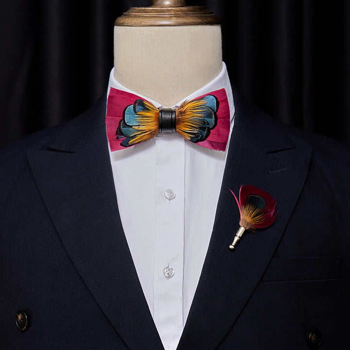 Pink & Orange Symmetrical Feather Bow Tie with Lapel Pin