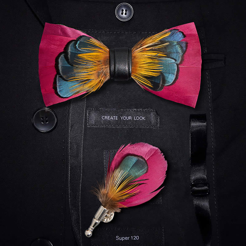 Kid's Pink & Orange Symmetrical Feather Bow Tie with Lapel Pin - Adult - image 1