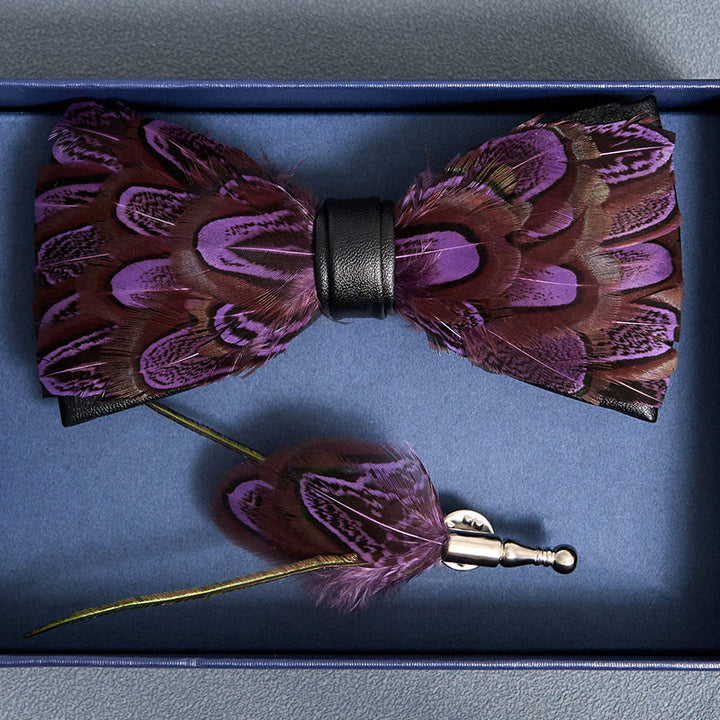 Purple & FireBrick Feather Bow Tie with Lapel Pin