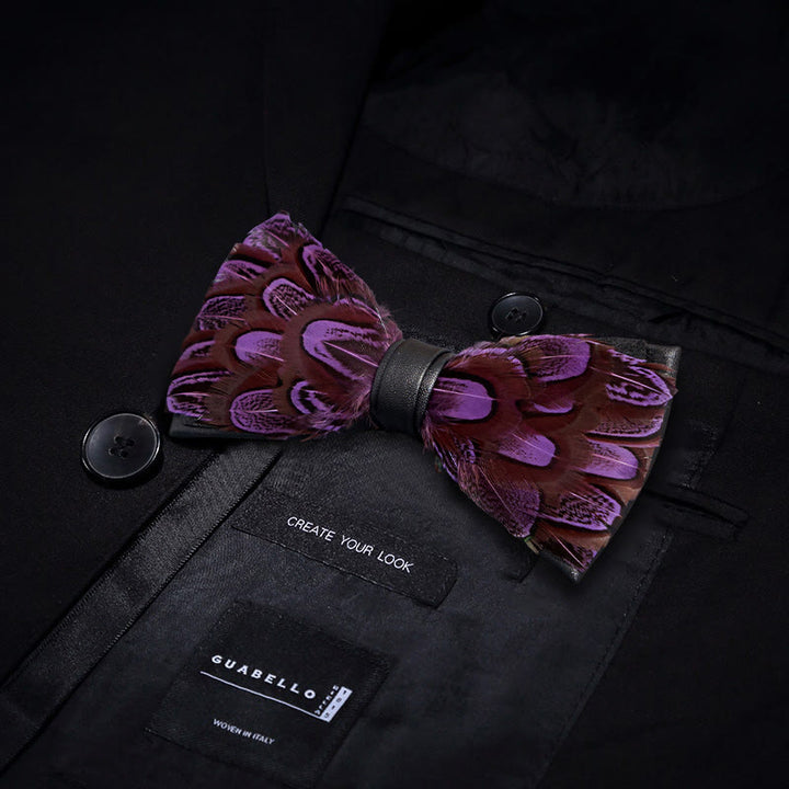 Purple & FireBrick Feather Bow Tie with Lapel Pin