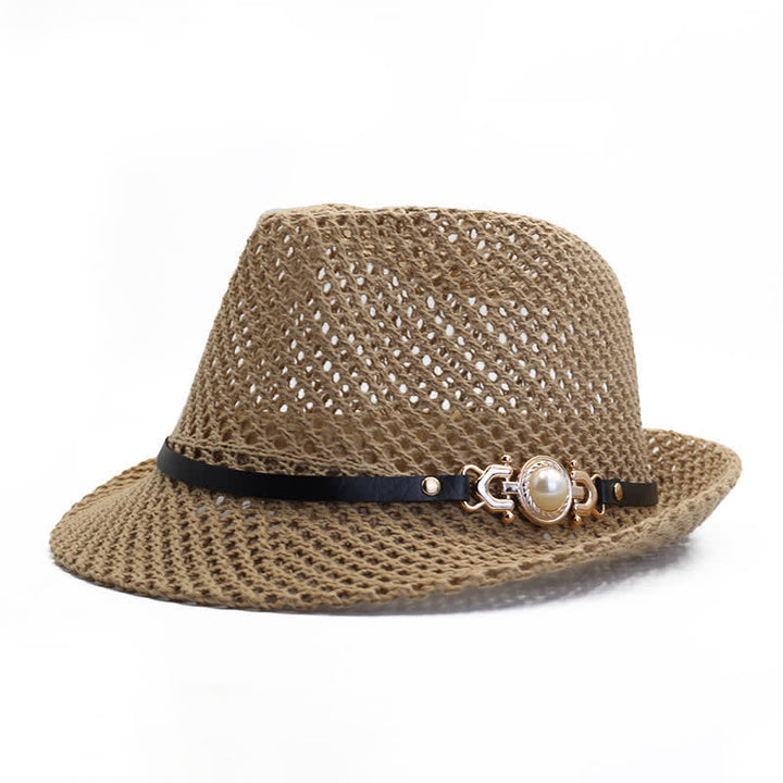 Men's Knitted Mesh Breathable Panama Fedora Hat - Khaki - Adjustable (21 5/8"-23 1/4") - image 2