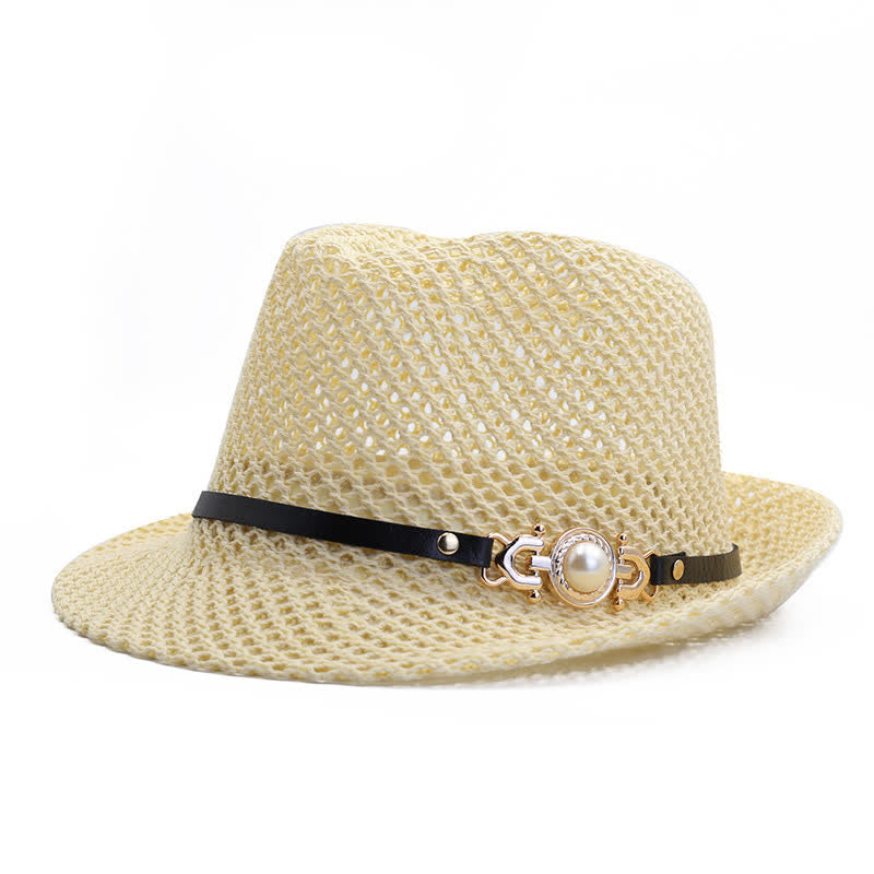 Men's Knitted Mesh Breathable Panama Fedora Hat - Ivory - Adjustable (21 5/8"-23 1/4") - image 4