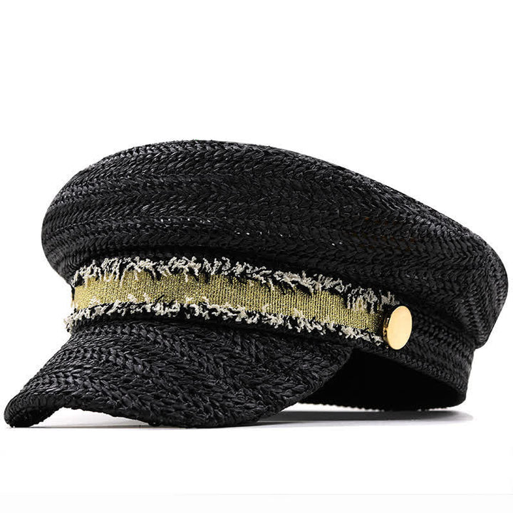 Women's Flat-topped Navy Cap Croche Straw Beret Hat