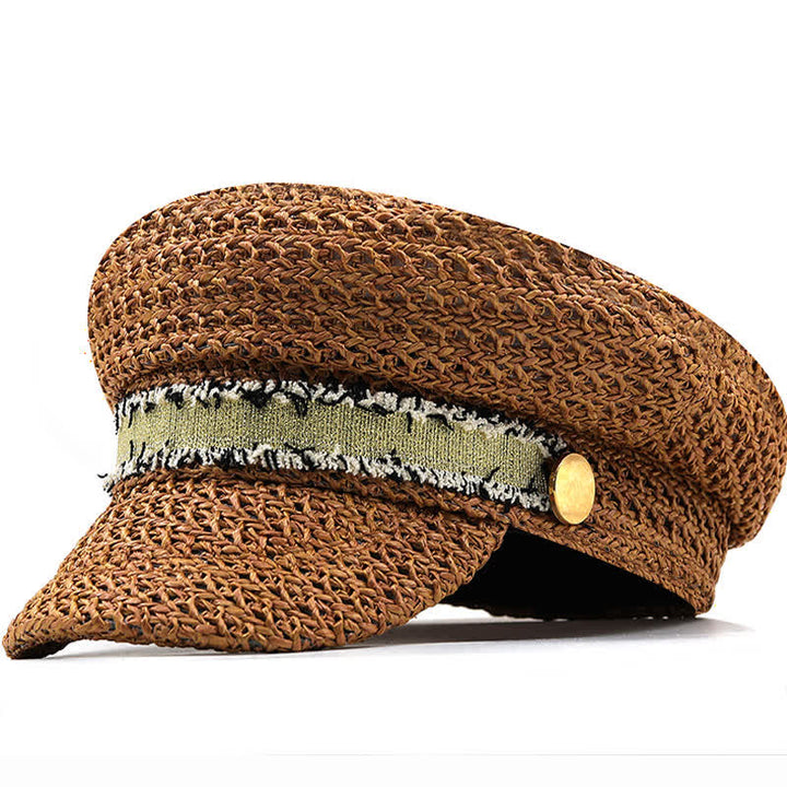 Women's Flat-topped Navy Cap Croche Straw Beret Hat