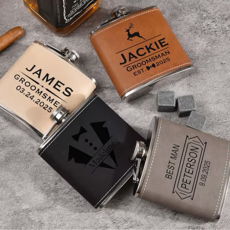 6 oz Personalised Engraved Leather Custom Portable Flask