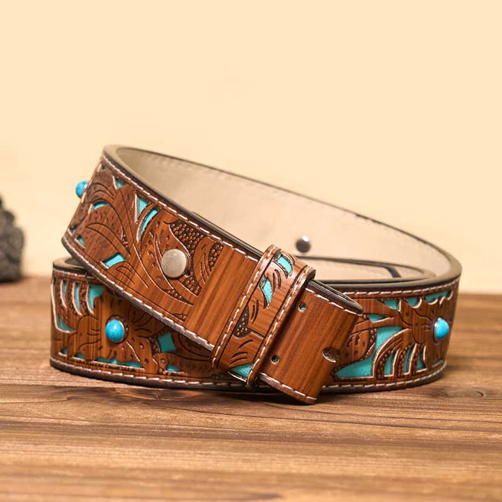 Round Custom Engraved Name Monogram DIY Buckle Leather Belt - Silver - Turquoise Carved Belt - 42 - image 6