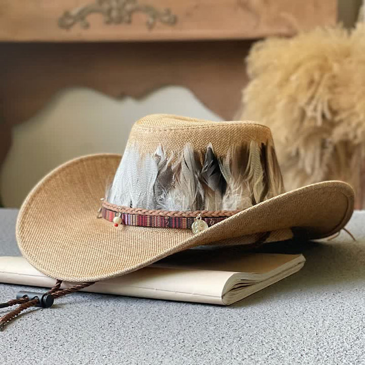 Large Brim Ethnic Style Feather Band Western Cowboy Hat - Camel - M (22"-22 7/8") - image 3