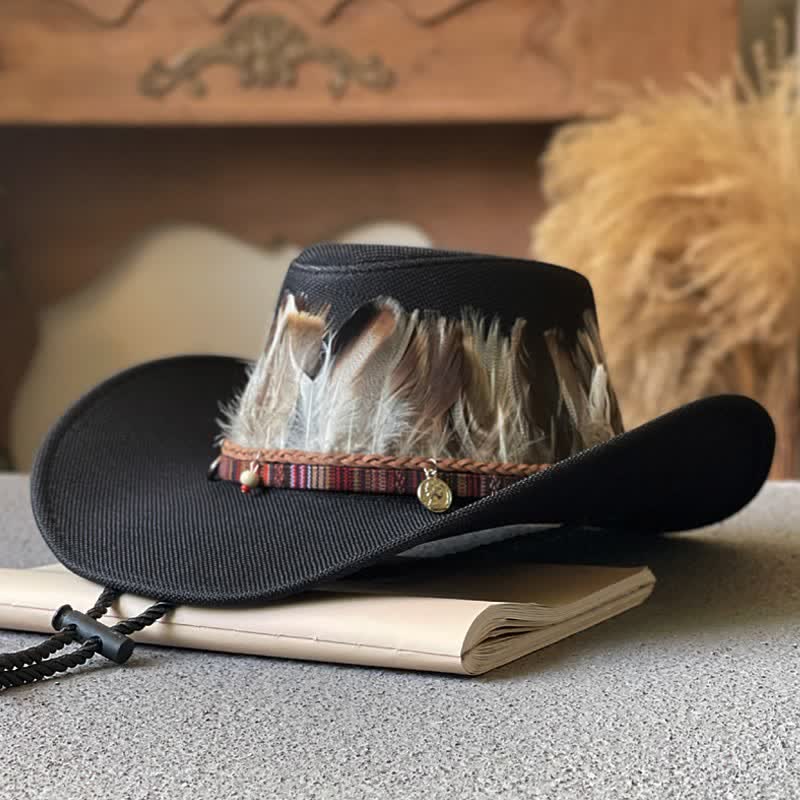 Large Brim Ethnic Style Feather Band Western Cowboy Hat - Black - M (22"-22 7/8") - image 1