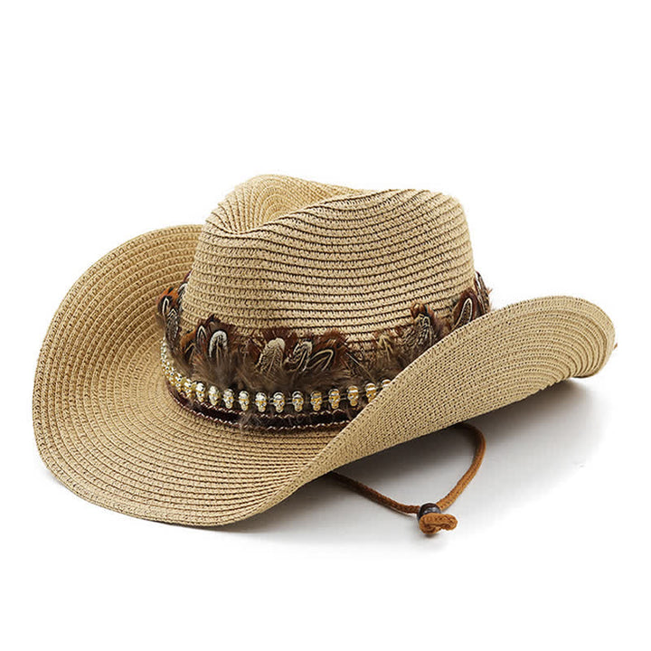 Summer Feather Band Classic Straw Cowboy Hat - Khaki - M (22"-22 7/8") - image 0