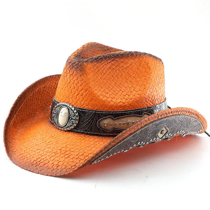 Vintage Flower Buckle Decor Spray Paint Straw Cowboy Hat