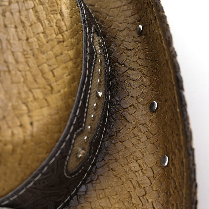 Vintage Flower Buckle Decor Spray Paint Straw Cowboy Hat