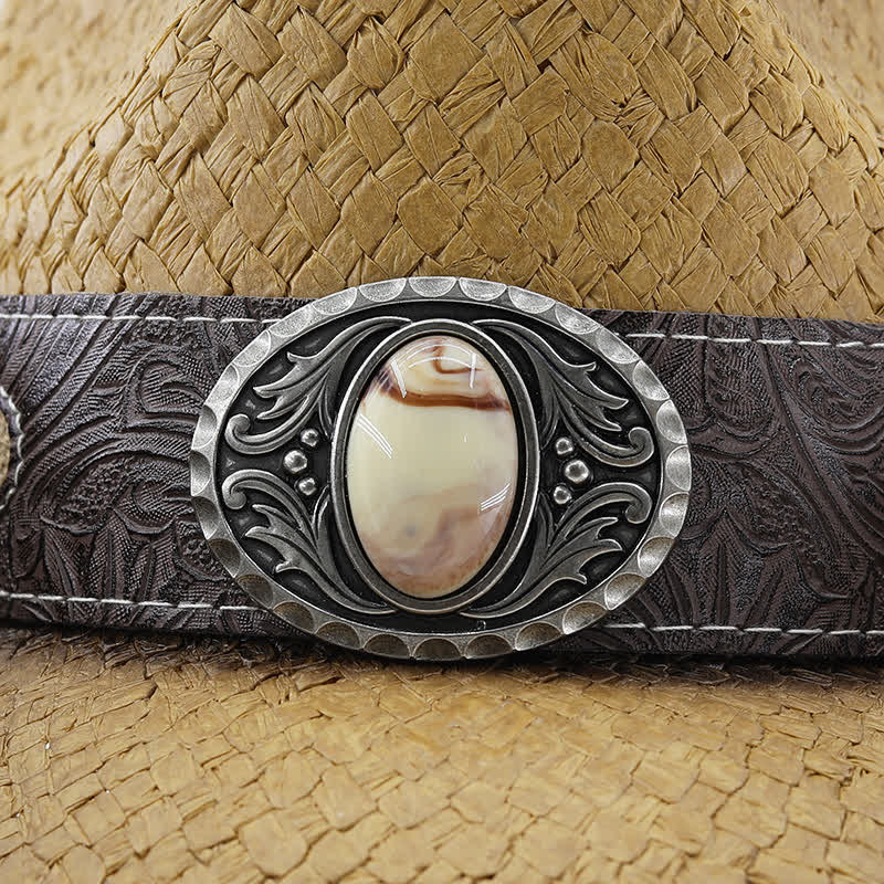 Vintage Flower Buckle Decor Spray Paint Straw Cowboy Hat