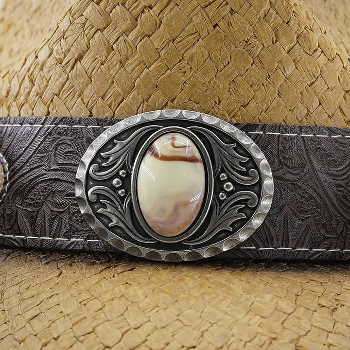 Vintage Flower Buckle Decor Spray Paint Straw Cowboy Hat