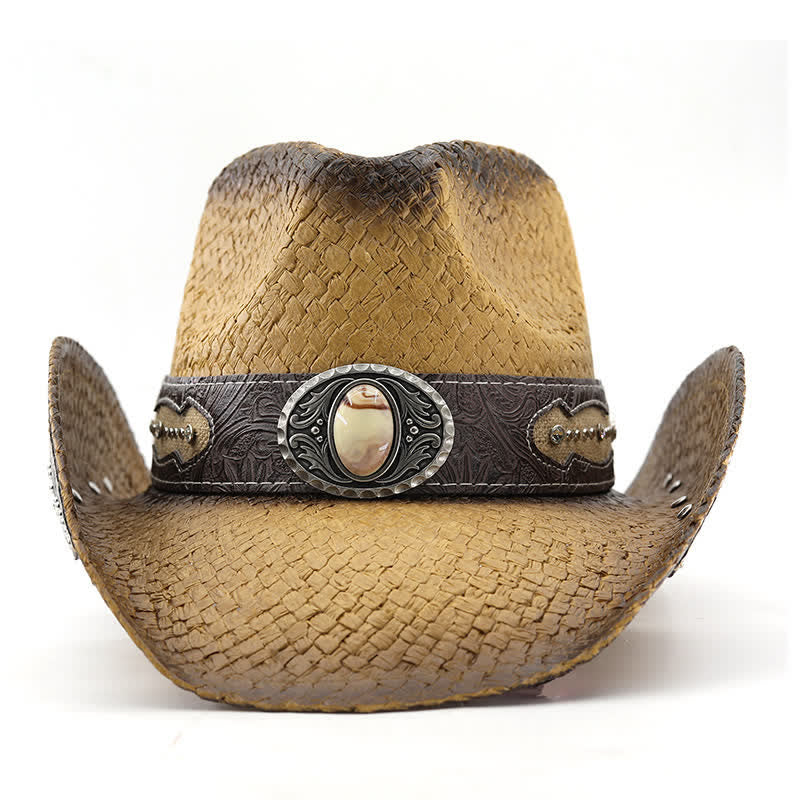 Vintage Flower Buckle Decor Spray Paint Straw Cowboy Hat