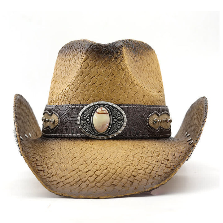 Vintage Flower Buckle Decor Spray Paint Straw Cowboy Hat