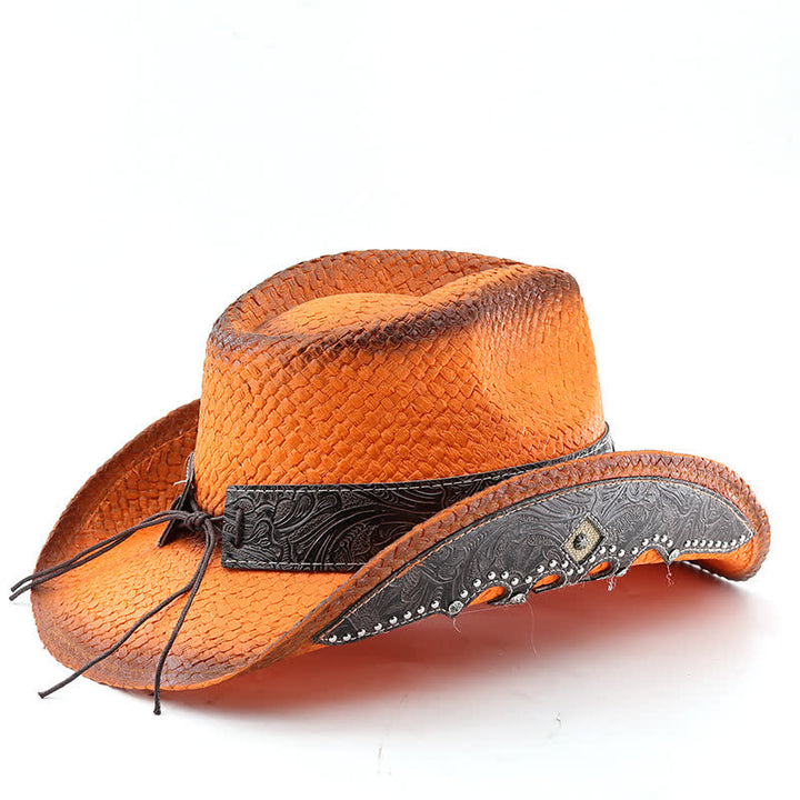 Vintage Flower Buckle Decor Spray Paint Straw Cowboy Hat