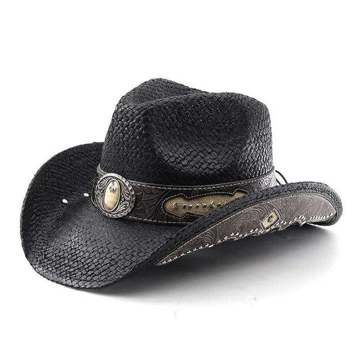 Vintage Flower Buckle Decor Spray Paint Straw Cowboy Hat