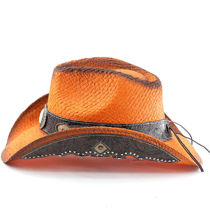 Vintage Flower Buckle Decor Spray Paint Straw Cowboy Hat