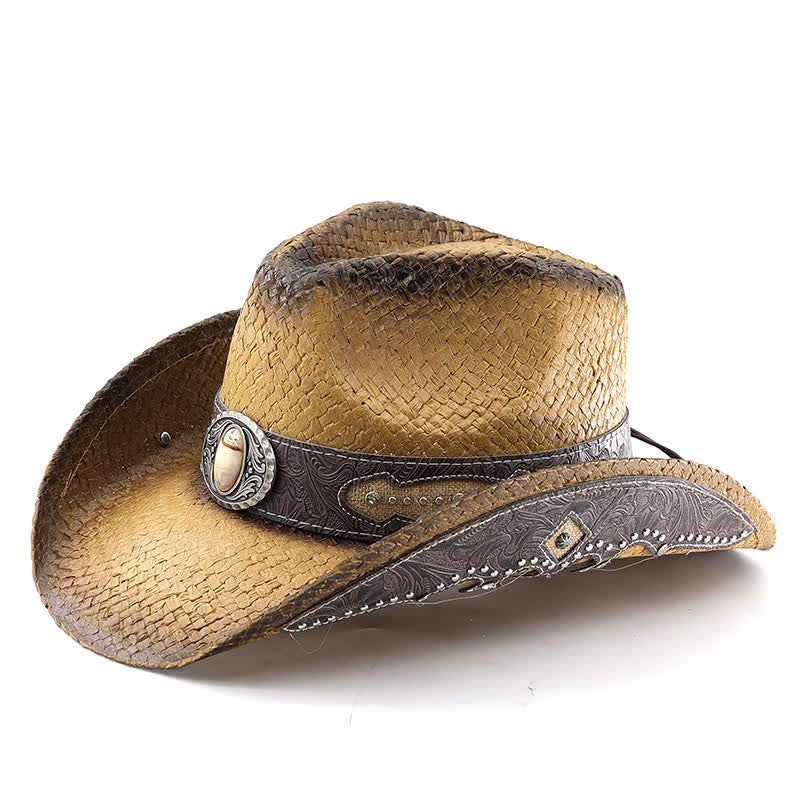 Vintage Flower Buckle Decor Spray Paint Straw Cowboy Hat